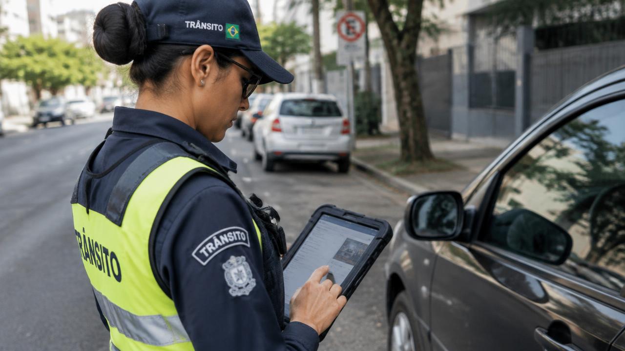 Agente de trânsito registrando uma infração ao lado de um carro, com tablet na mão