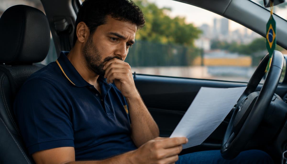 Motorista preocupado lendo uma notificação de cassação da CNH dentro do carro