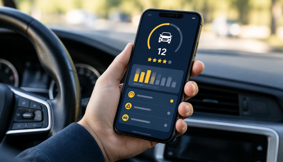Motorista consultando a pontuação da CNH no celular dentro do carro